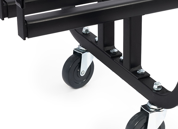 Close up of stand cart showing off sturdy construction and wheels