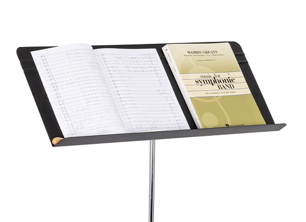 Close up of Fourscore Conductor stand with lots of music showing off the wide desk