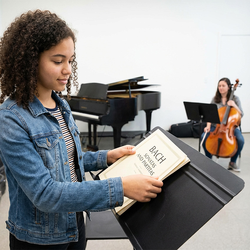 Photo of person placing music on a Manhasset stand in a music rehearsal setting